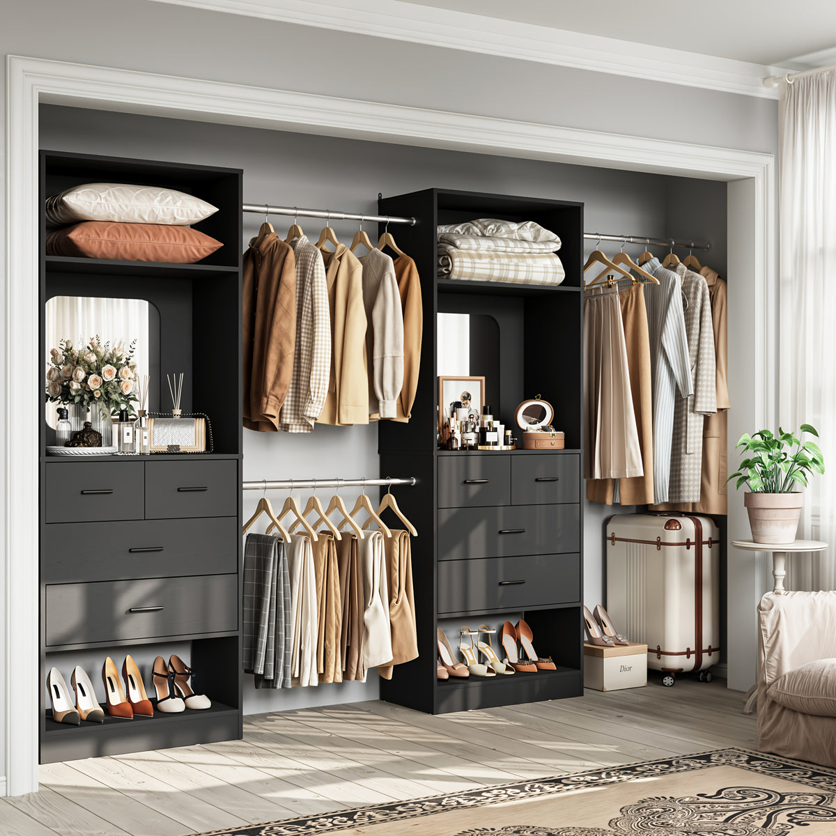 Besiost Closet Systems, 6-14ft Walk In Closet Organizer with 8 Drawers And Mirror, 168" Large Wood Closets Insert with Tower, Sturdy Wardrobe Closets Garment Rack with Extendable Hanging Rods, White
