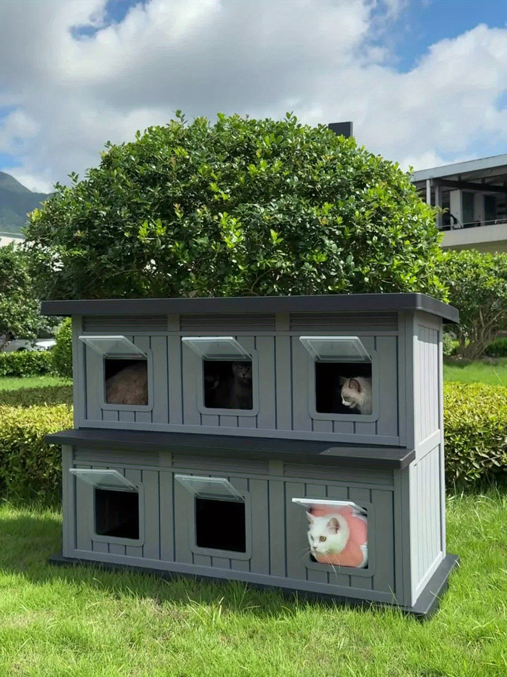 Double-Layer Stray Cat House - 2-Story Outdoor/ Cat Shelter with Large Cozy Space, Multiple Small Windows for Ventilation, Easy Assembly Solid Structure, Gray-Black for stray & feral cats (No Required)