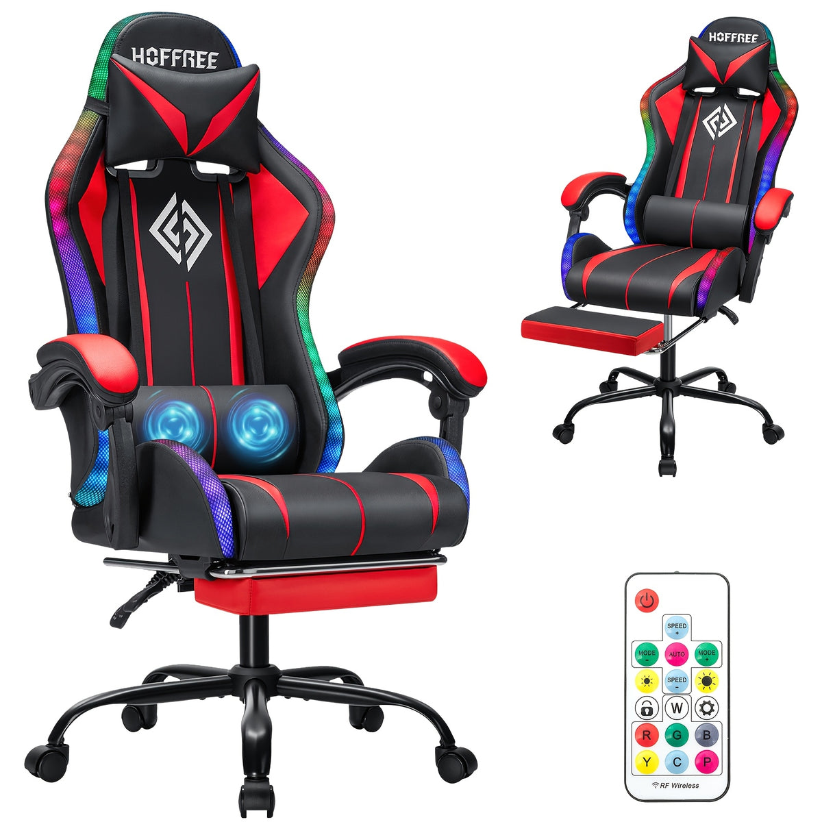 RGB Gaming Chair with LED Lights And Massage Ergonomic Computer Chair High Back Video Game Chair with Footrest And Adjustable Lumbar Support Linkage Armrest
