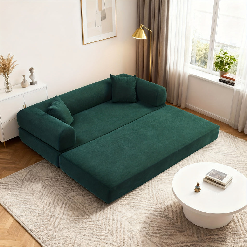 80" Convertible Sofa Bed, 3-in-1 Corduroy Folding Pull Out Couch with Pillows, No Assembly Modern Boneless Couch Compression Sofa In Box, Floor Sofa with Side Storage Pocket for Living Room