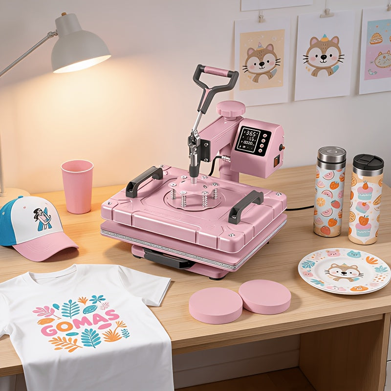 12x15 Inch 5in 1 Heat Press Machine, 360° Swing Away Sublimation Heat Press with 20oz & 30oz Tumbler Attachments, Multifunctional for T-Shirts, Mugs, Hats And Plates, Pink