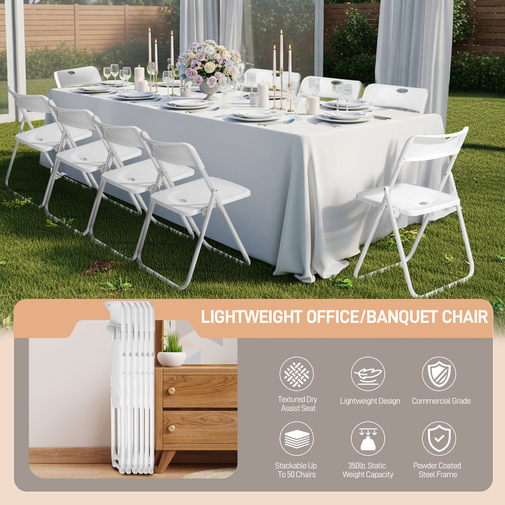 Set of 10 Durable Metal Frame Folding Chairs, Stackable Plastic Seating for Commercial Use, Ideal for Family Gatherings, Celebrations, Outdoor Meals, Educational Institutions, And Weddings. Designed for Hard Surfaces, Easy to Clean