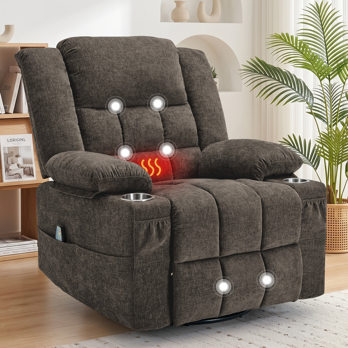 Personal Care Home Massage Chair, 360° Rotation Of Massage Heating Function Comfortable Recliner Chair, Manual Adjustable Angle Leisure Rocking Chair, Massage Sofa Chair with Side Pockets And Front Pockets, with Built-in Cup Holders And Thickened