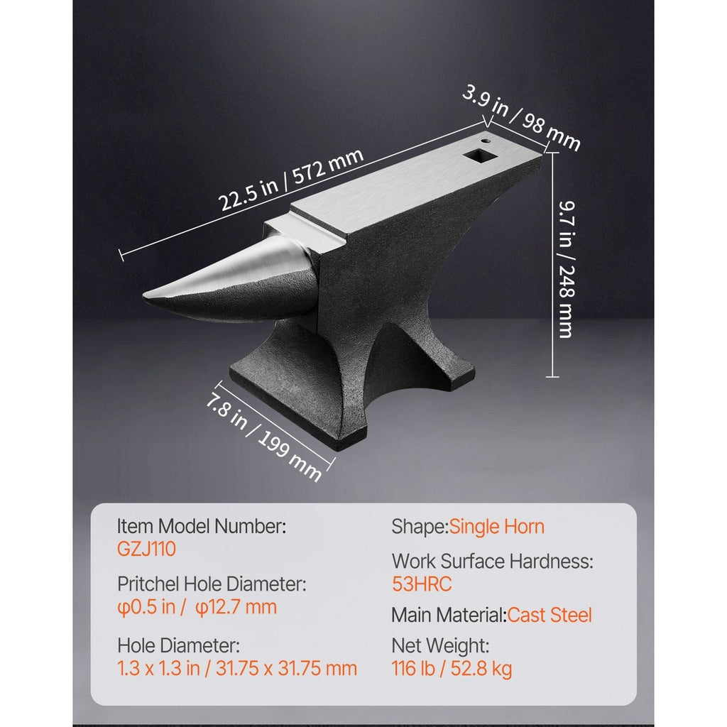 VEVOR Single Horn Anvil, 110lbs Cast Steel Anvil, High Hardness Rugged Round Horn Anvil for Blacksmiths, with Large Countertop and Stable Base, Metal Working Tool for Metal Bending, Shaping, Twisting