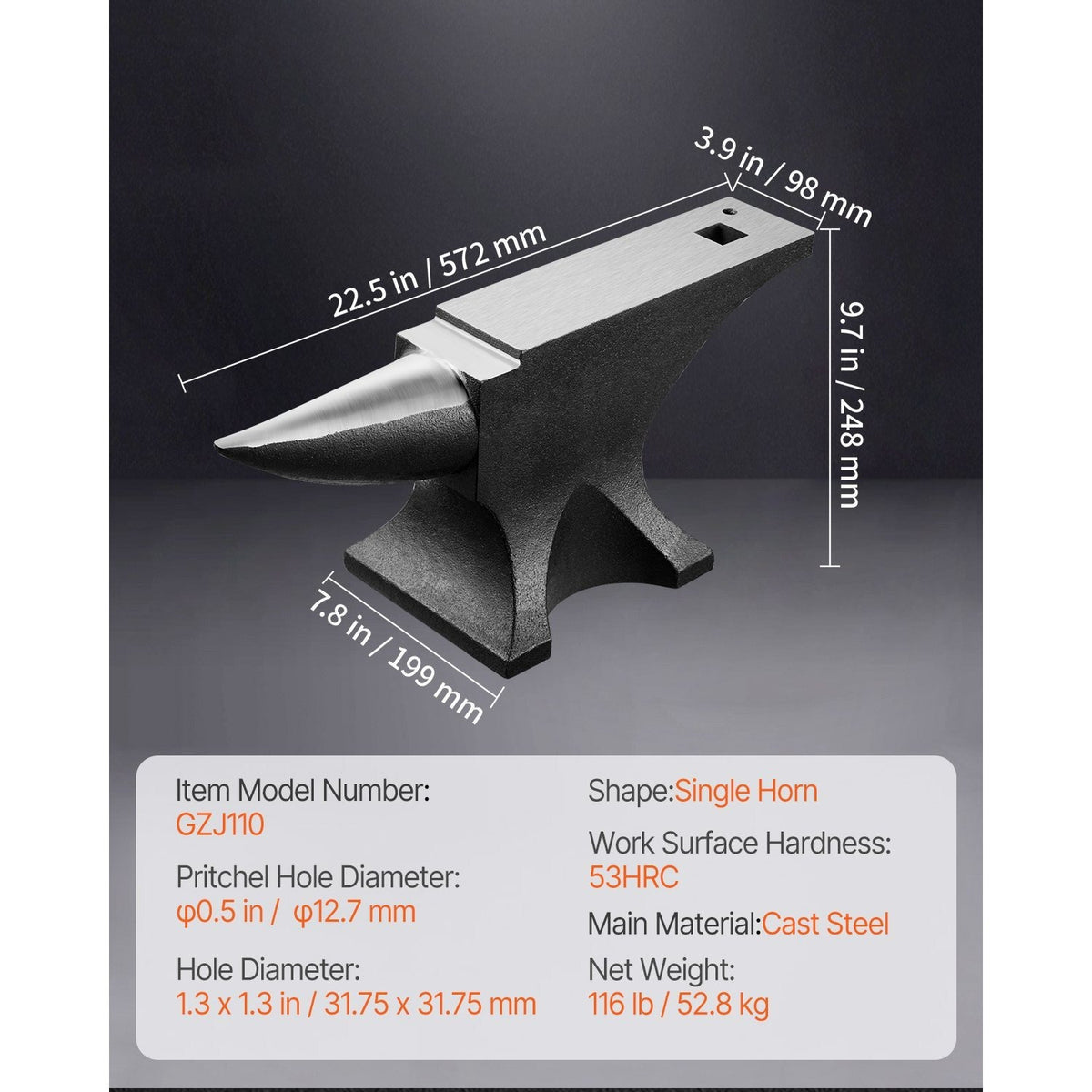 VEVOR Single Horn Anvil, 110lbs Cast Steel Anvil, High Hardness Rugged Round Horn Anvil for Blacksmiths, with Large Countertop and Stable Base, Metal Working Tool for Metal Bending, Shaping, Twisting