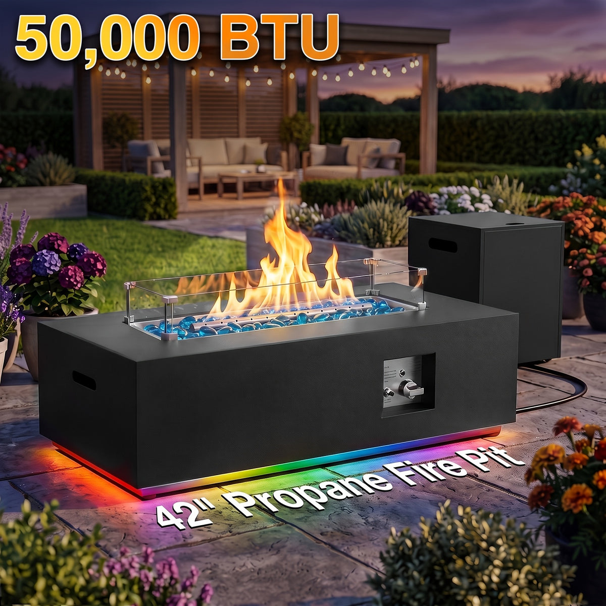 1pc 42 Inch Rectangular Propane Fire Pit Table 50, 000 BTU, Outdoor Gas Firepit With Lid, Blue Fire Glass & Glass Wind Guard, RGB/Warming Light, Includes Rain Cover For Patio, Backyard Deck (Black/Grey/Light Grey)