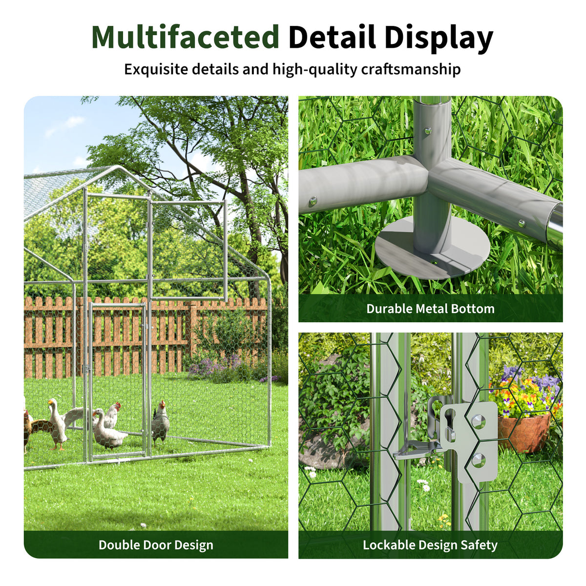 Walk-In Chicken Run with Feeding Port and UV-Resistant Cover, Galvanized Outdoor Poultry Enclosure