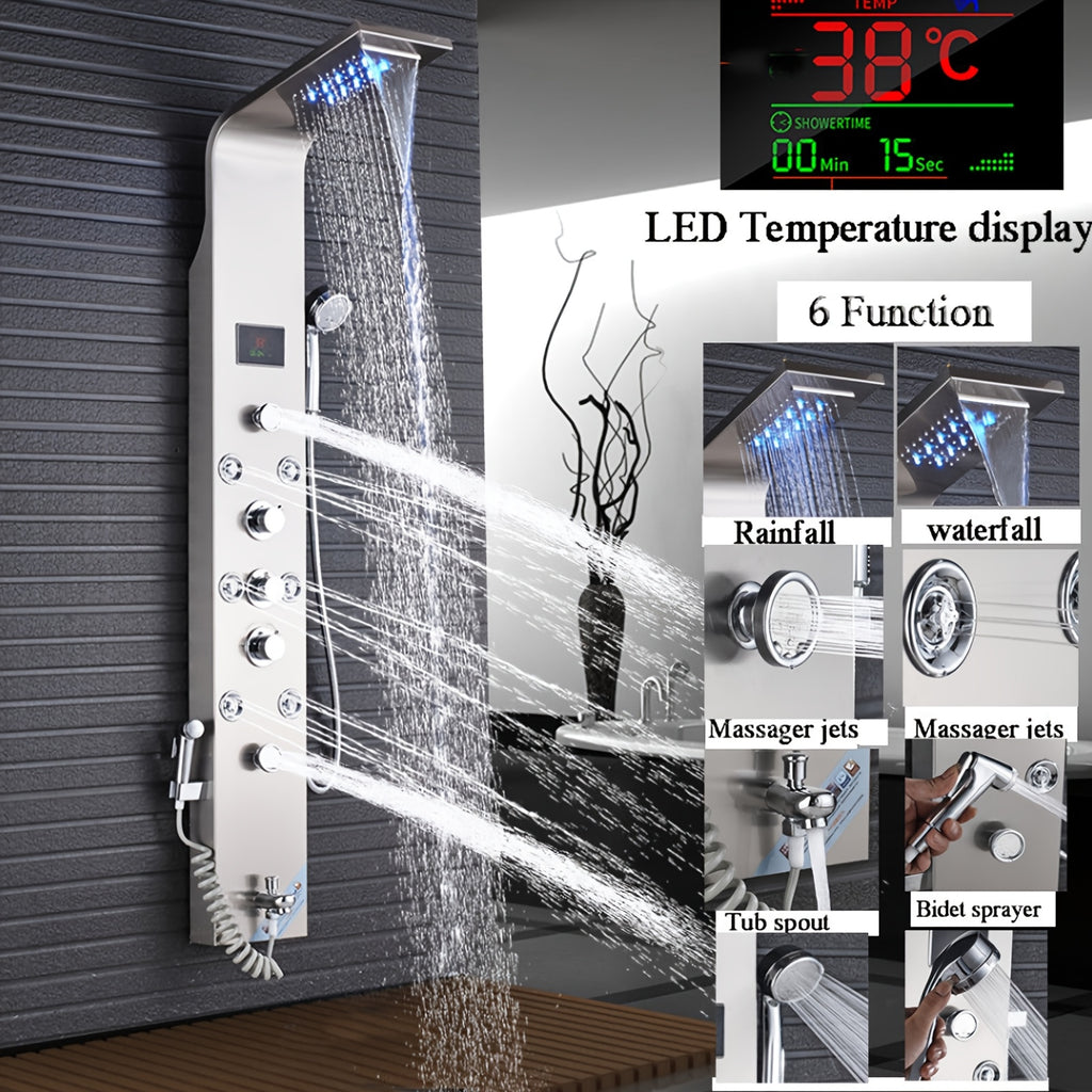 Modern Wall-Mounted Shower Panel System with 6-in-1 Spa Experience (Rainfall, Waterfall, Massage Jets, Handheld Shower) - Stainless Steel Brushed Nickel Bath System Suitable for Home, Hotel, Resort - Unibody Design