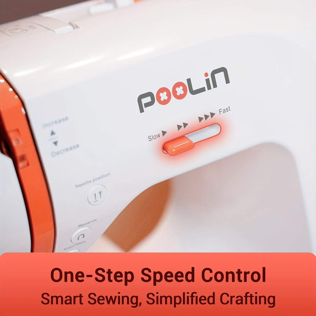 Poolin EOC02-RE Electronic Sewing Machine For Business Owner, 293 Stitches, 7 Presser Feet, Adjustable Sewing Speed, Widened Sewing Table, One-button Sewing, Come With Self Threading And Twin Needle For Wedding, Mother'S Day, Women