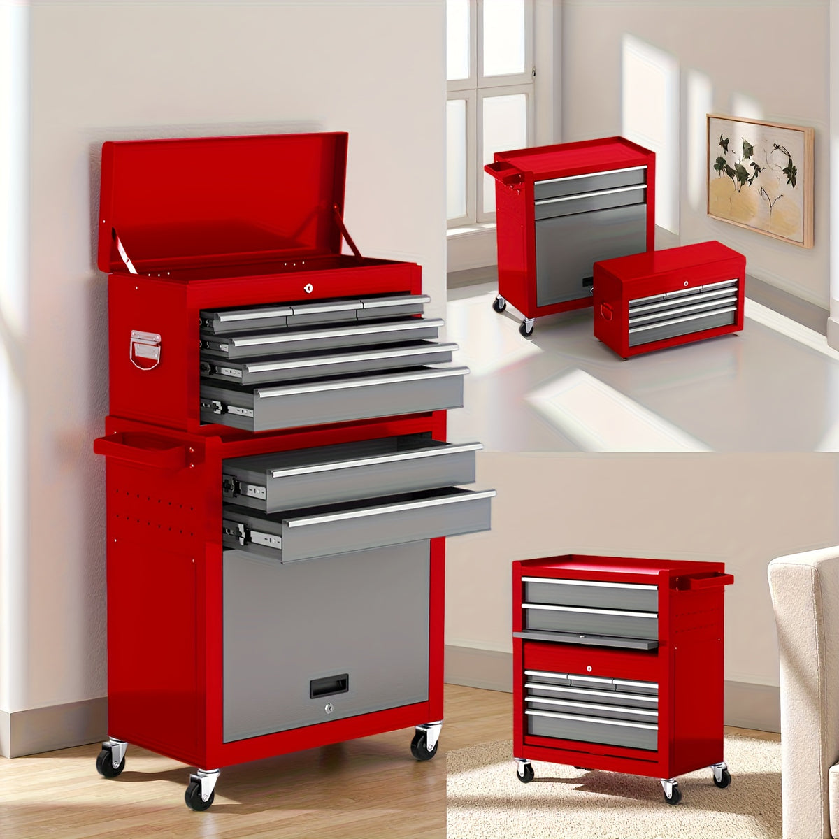4/7/8-Drawer Heavy-Duty Rolling Tool Chest with Lockable Storage And 4-Wheel Mobility - 2-In-1 Tool Cabinet with Top Work Surface, Spacious Lower Storage, Durable Metal Construction for Garage, Workshop, Warehouse Organization - Ideal for