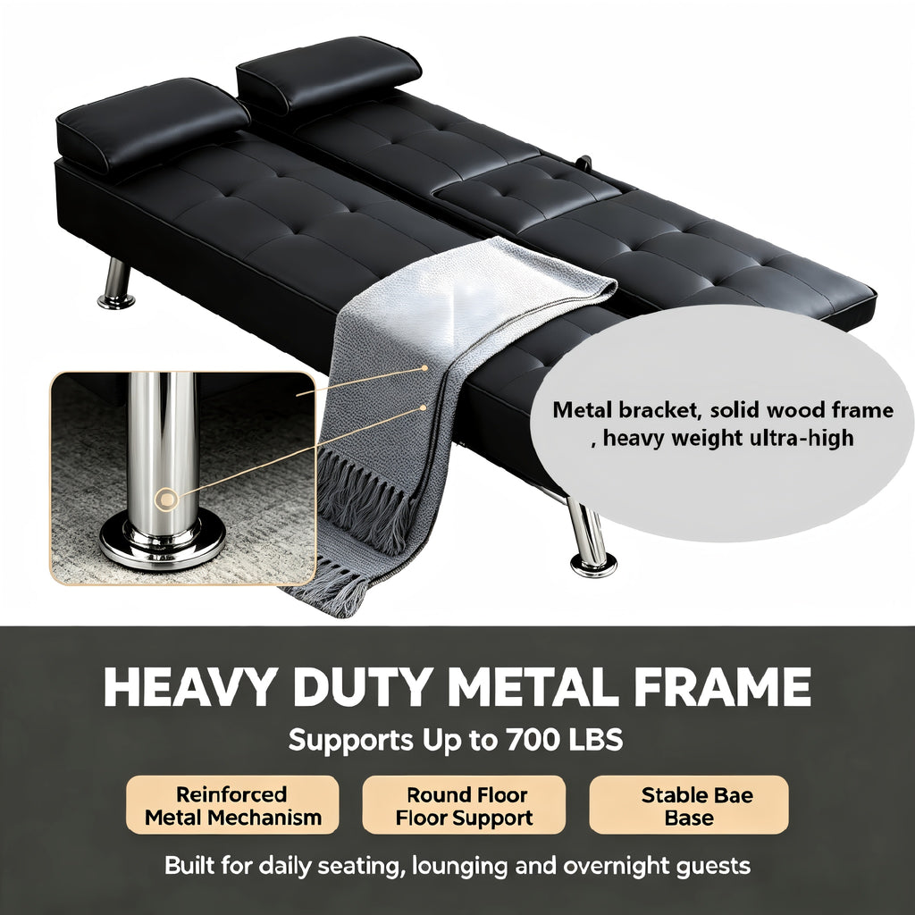 67" Convertible Futon Sofa Bed, 2 Thickness Seat Cushion, Adjustable Folding Couch with Detachable Armrest & Cup Holders, Heavy Duty 700 LBS Metal Frame, Multifunctional Sleeper Sofa for Living Room Bedroom Apartment Dorm