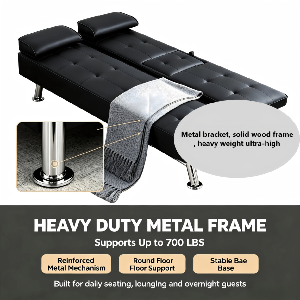 67" Convertible Futon Sofa Bed, 2 Thickness Seat Cushion, Adjustable Folding Couch with Detachable Armrest & Cup Holders, Heavy Duty 700 LBS Metal Frame, Multifunctional Sleeper Sofa for Living Room Bedroom Apartment Dorm