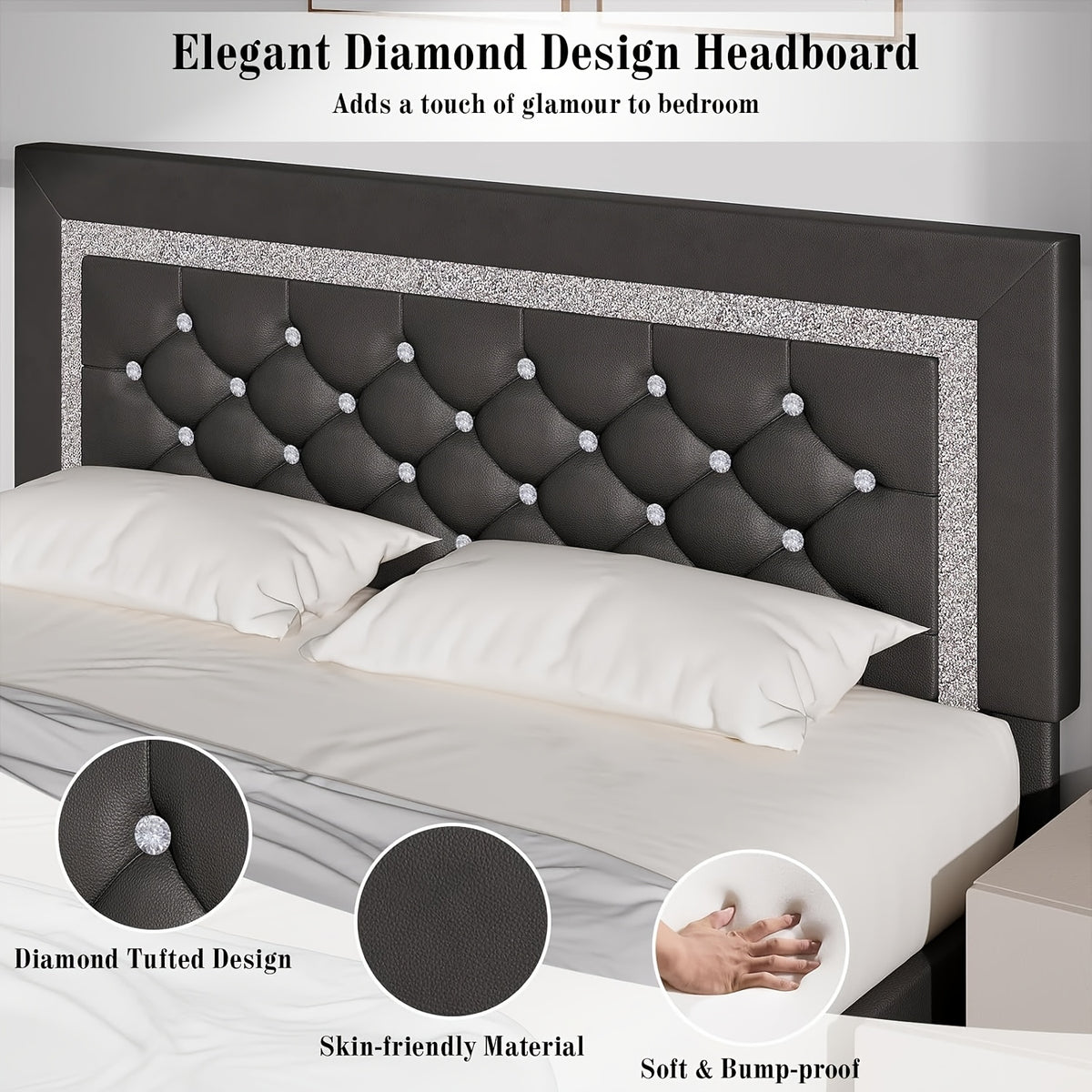4ever2buy Twin Full Queen King Platform Bed Frame with Upholstered Diamond Headboard, Mattress Foundation with Strong Wooden Slats Support, No Box Spring Needed, Easy Assembly, Valentine's Day Gifts, Pearlized White, Black, Pink, Green, Grey, Beige