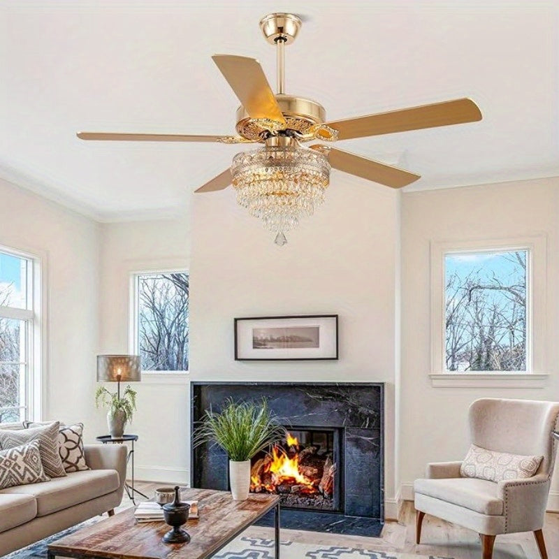 Crystal Ceiling Fan Fandelier with Lights - Modern Outdoor Fans with Remote Control, Noiseless AC Motor, Retro/Farmhouse Lighting, Dining Room, Living Room (52"