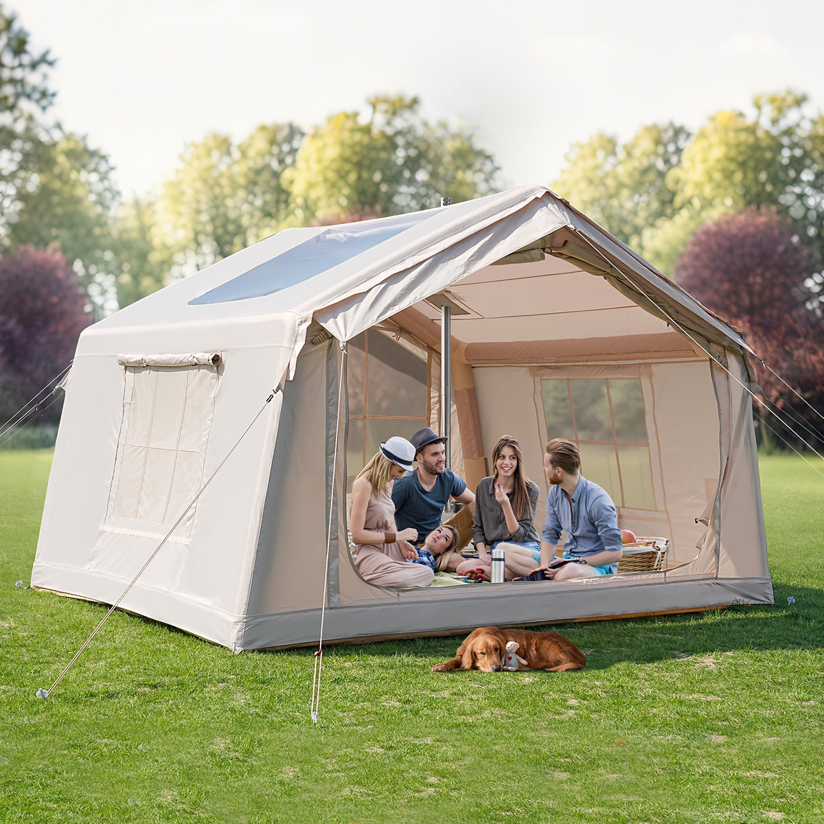 LILYPELLE 6-12 Person Ridge-Style Inflatable Camping Tent with Manual Pump, Large Mesh Windows And Curtain Divider, Four-Season Use, Easy Setup, Ideal for Groups And Families