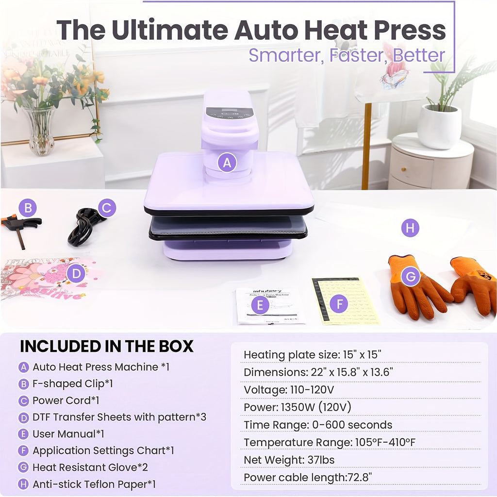 15x15 Inch Swivel Auto Heat Press Machine, 360° Swing Away Smart T-Shirt Printing W/Auto Press & Auto Release & Auto-Off, 7 Adjustable Pressures & 1.85" Higher Heating Height For HTV, Dual-tube Heatinbg, Sublimation, Heat Transfer Projects