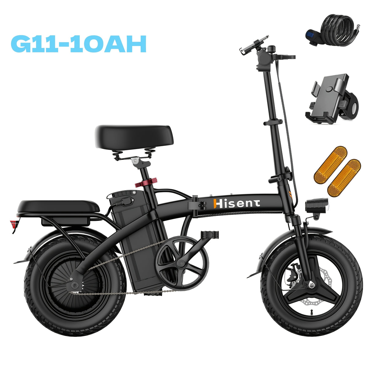 Hisent Foldable Electric Bicycle, Power: 500W Brushless Motor, 48V 10AH/17.5AH Lithium Battery (optional), 12 to 35 Miles Range; Speed: 19.9 MPH, Dual Brakes, LED Headlights, 14-inch Tires, Commuting And School Trips, Stylish Design, Sturdy Structure