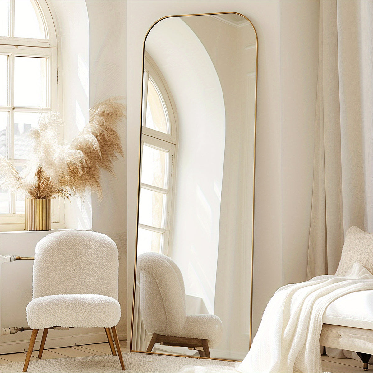 30 X 71 Inch Full Length Mirror, Golden Wall Full Body Mirror Full Length with Stand, Rounded Top Floor Mirror with Aluminum Alloy Frame for Bedroom Living Room