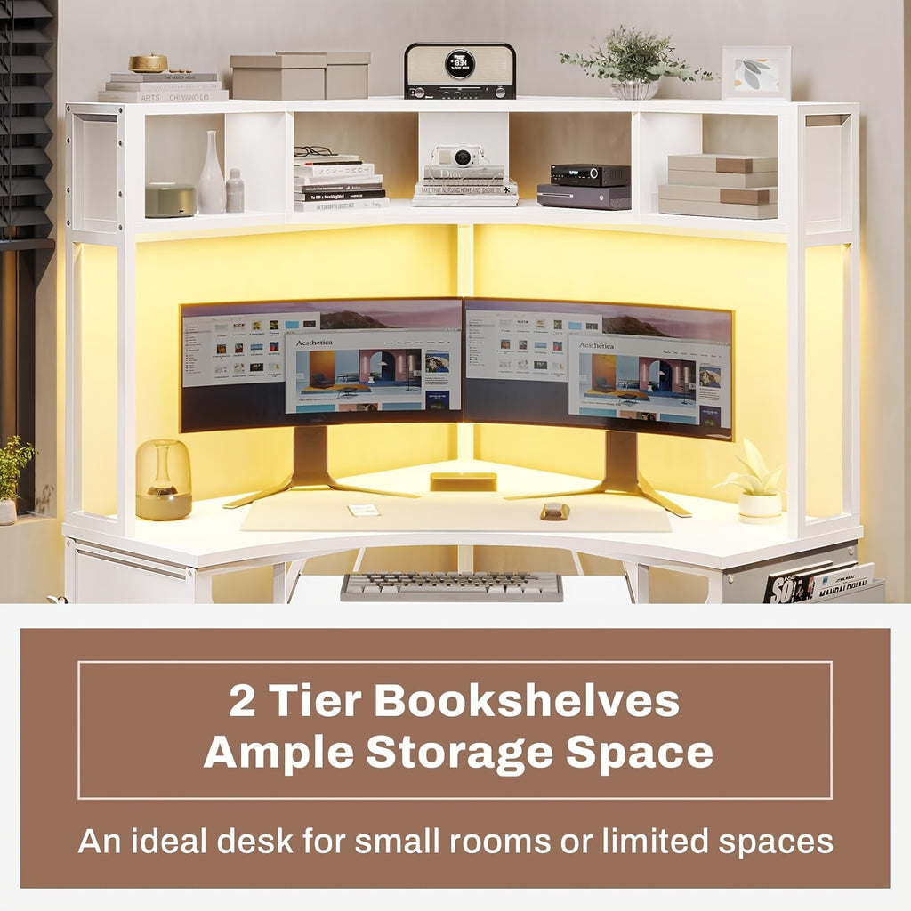 Small Office Desk with LED Lights, Triangle Corner Computer Desk with Storage Bag and Headphone Hook