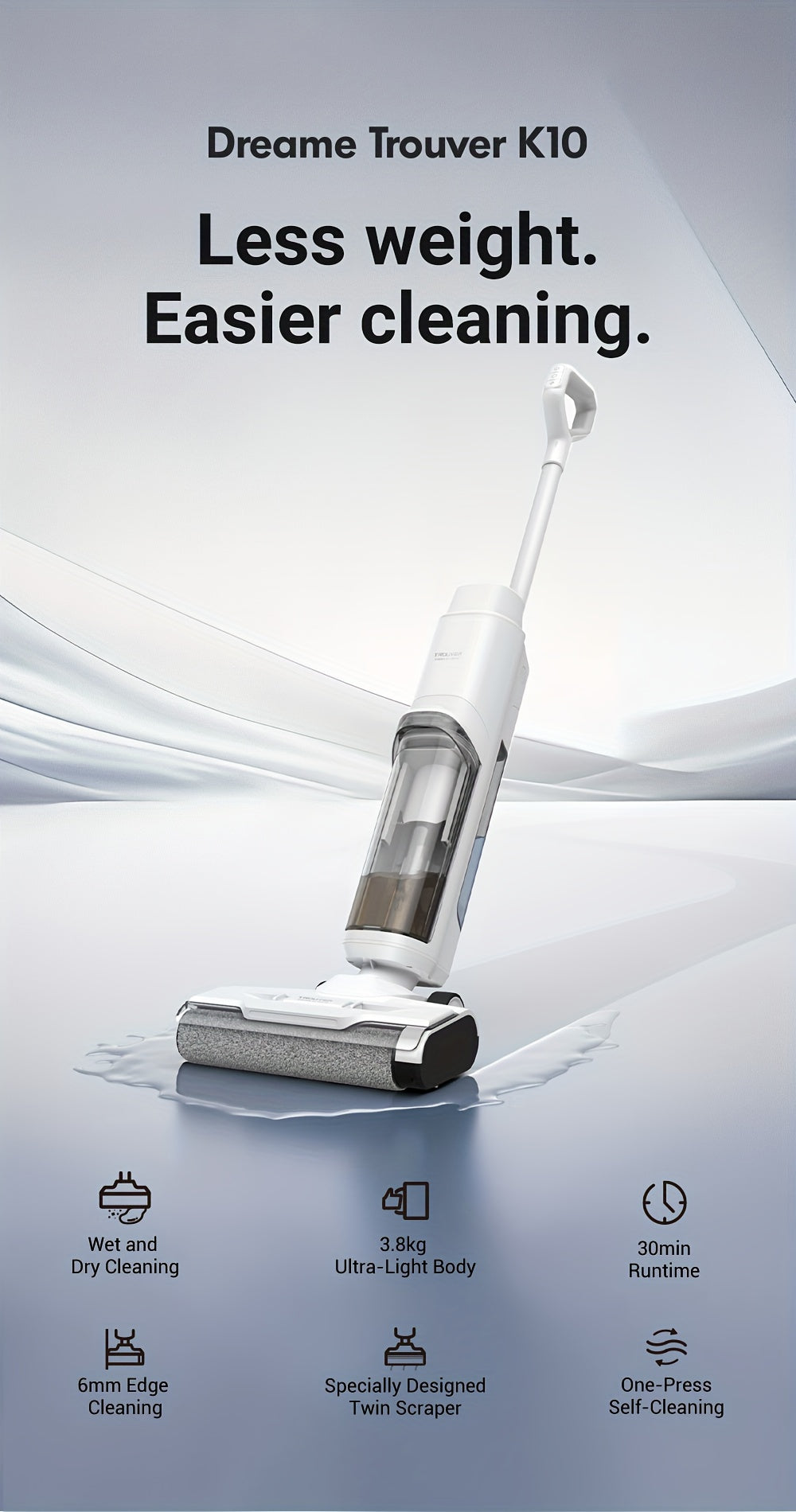 Wet Dry Vacuum Cleaner DREAME K10 Plus for Home Messes, 6.5KPa Suction and Flexible Cord or Battery Operation