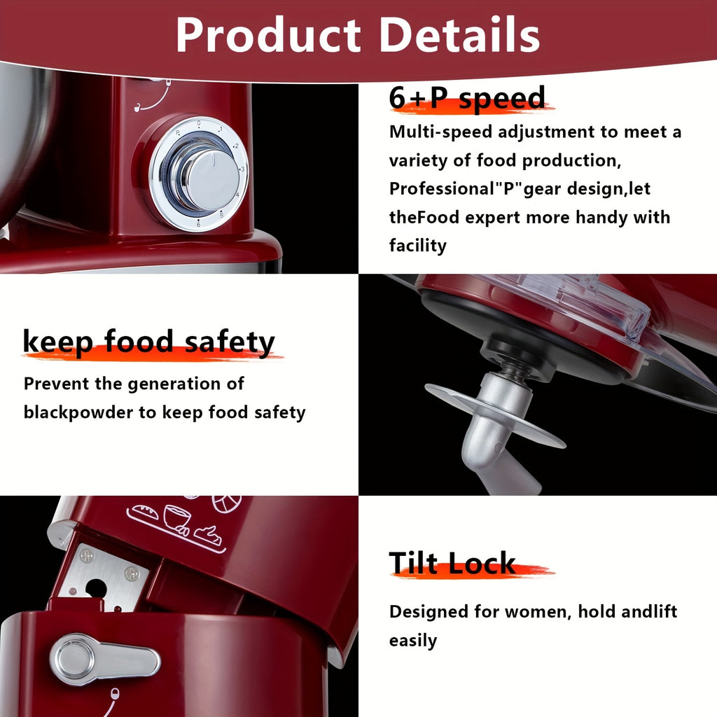 Household Vertical 6-in-1 Stand Mixers, 6-speed Pulse 6.3QT Tilting Kitchen Food Chef Machine, Equipped with Mixer, Dough Hook, Egg Beater, Spatula, Meat Grinder and Juicer Accessories, Red