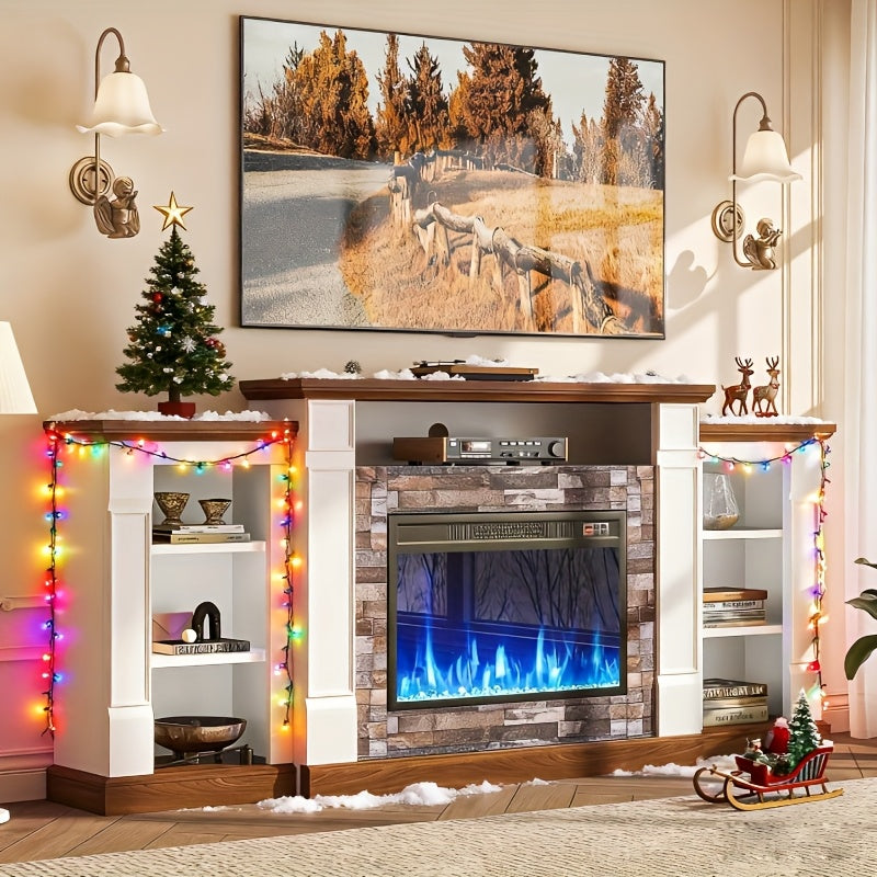 A 70-Inch Television Stand Featuring an Electric Fireplace And Mantel, This Modern Entertainment Unit Provides Open Storage, Remote Control, Adjustable Flames, And LED Lighting, Making It Perfect for Living Rooms And Bedrooms