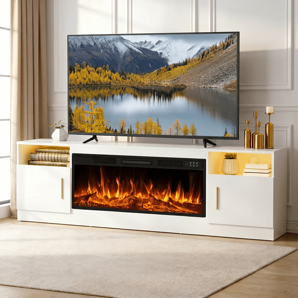 70" Fireplace Tv Stand with 36 Inch Fireplace Up to 80" Tvs, LED Light Entertainment Center And Storage, 70"Modern Wood Media TV Console with Highlight Cabinet for Living Room