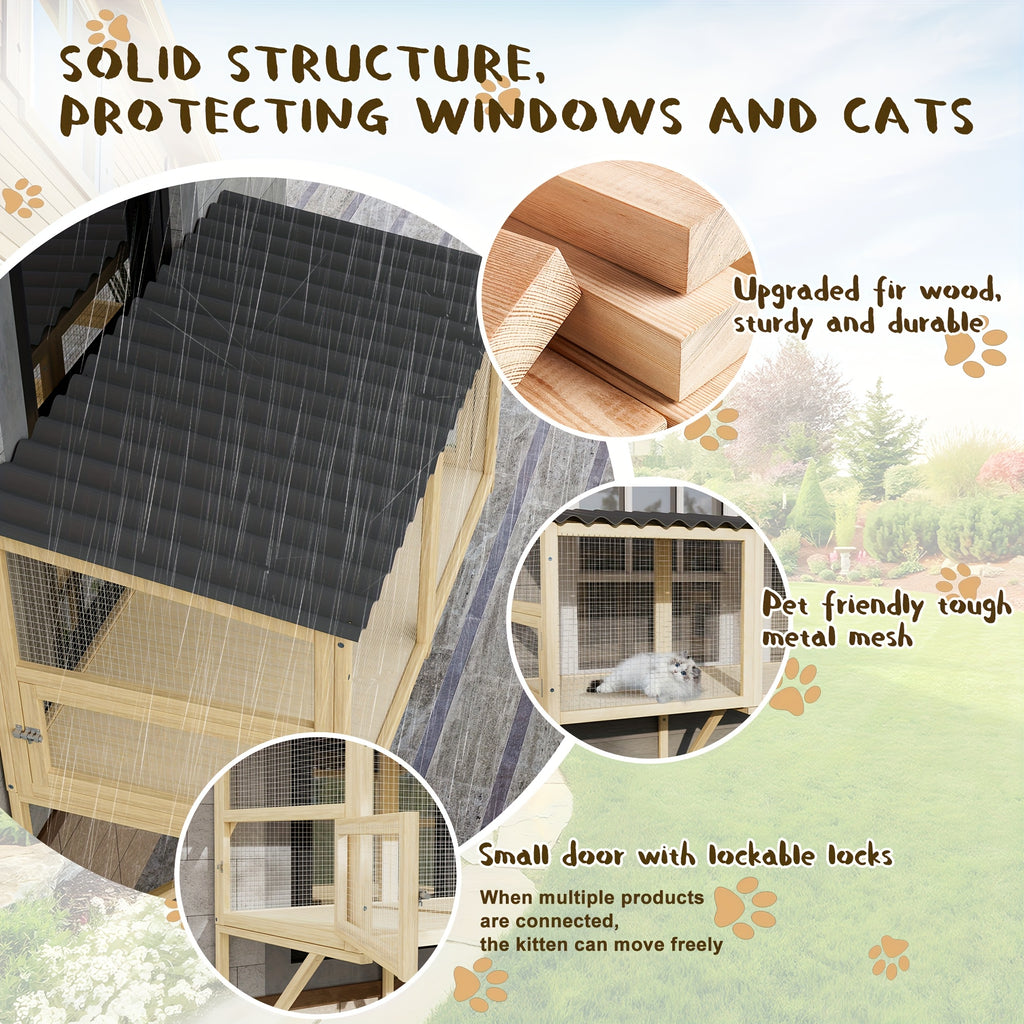 [Wooden Cat Window Box] Expandable Wooden Cat Window Box - Large Cat Catio, Waterproof Multi Cat Window Perch for Safely Enjoying Outdoor Sights