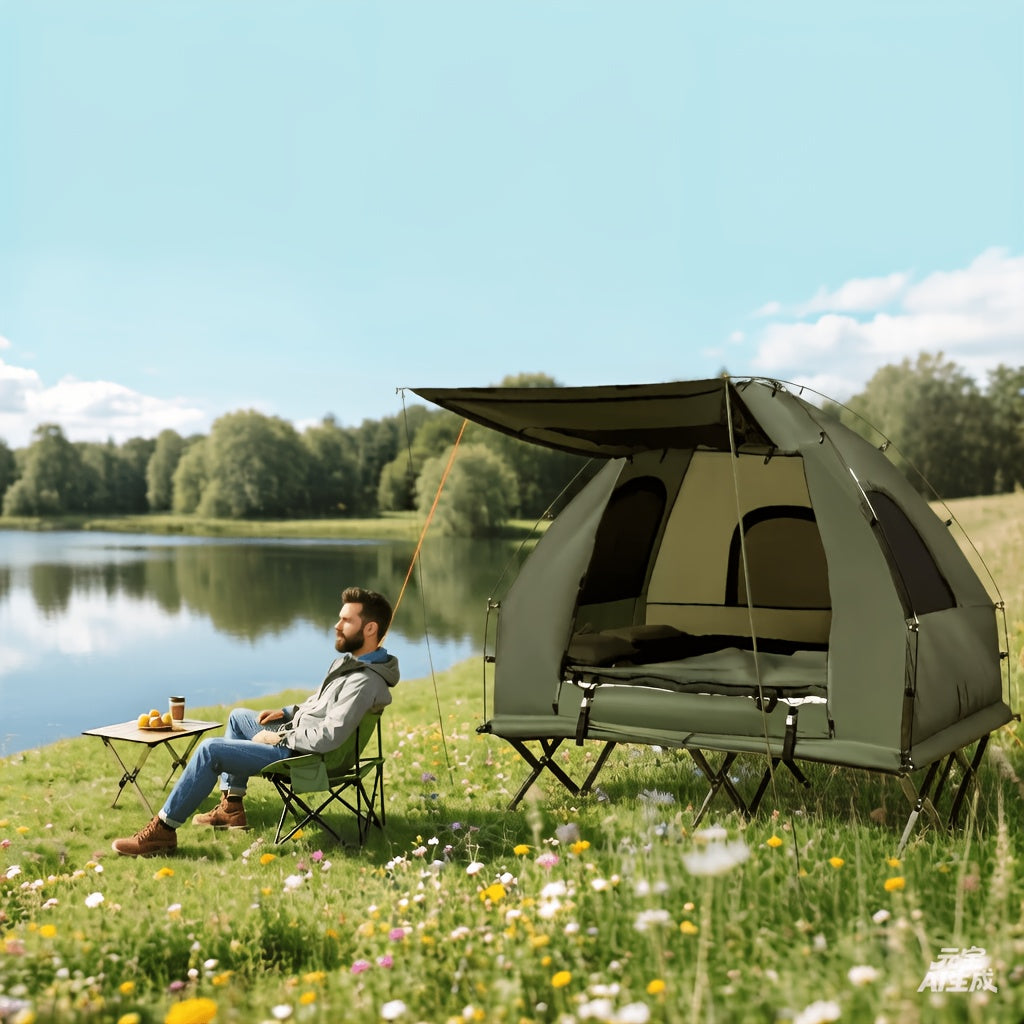 MULTIGOT Outdoor Foldable Camping Tent Cot, 5-In-1 Elevated Camping Tent W/ Sleeping Bag, Air Mattress, Pillow, Sunshade, Portable Single Sleeping Cot W/ Carry Bag for Hiking, Travel, Picnic
