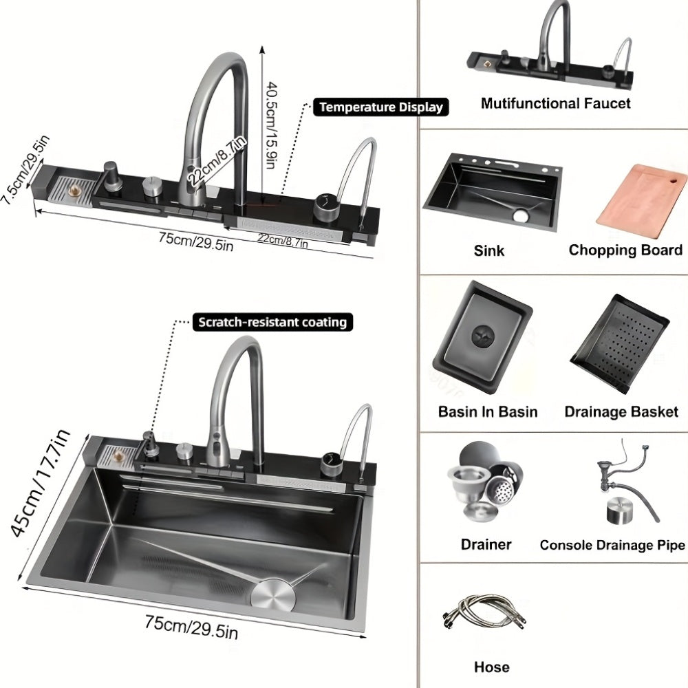 Kitchen Sink Double Waterfall Sink with LED Display with Cup Washer, Soap Dispenser, Waterfall Mixer, Worktop Controller, Etc. Workstation Kitchen Sink