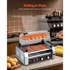 VEVOR Hot Dog Roller, 12 Hot Dog 5 Rollers, Stainless Steel Sausage Grill Cooker, 750W Commercial Hot Dog Machine with Dual Temp Control, Cover, Side Storage Box, Removable Shelf & Oil Drip Tray