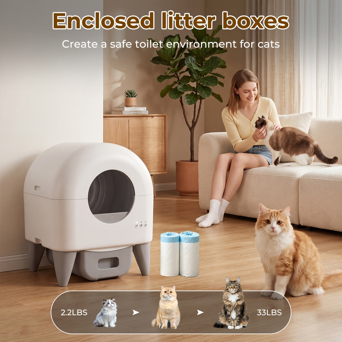 ECORUI Automatic Cat Litter Box, Self Cleaning Litter Box Large Capacity for Multiple Cats, App Control with Safety Sensors, Removable Washable Liner, 2 Rolls Garbage Bags, Grey, Refurbished, Without Battery
