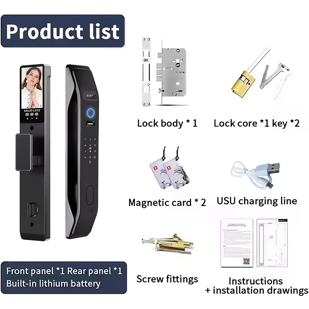 Modern AI Smart Lock with 3D Facial & Fingerprint/Palm Vein Biometric Entry, Keyless Door Lock Suitable for Home/Office, Remote Video Intercom System, Mobile App, Password/Key Entry, Smart Door Lock for Apartments