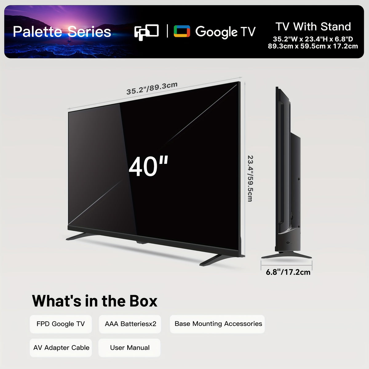 FPD 40-inch Smart TV, Google TV, Full HD, with Built-in Google Play and Chromecast, HDR 10, Audio, Voice Remote Control, Live Streaming TV, Palette Series, US40GFS, 2025 Model