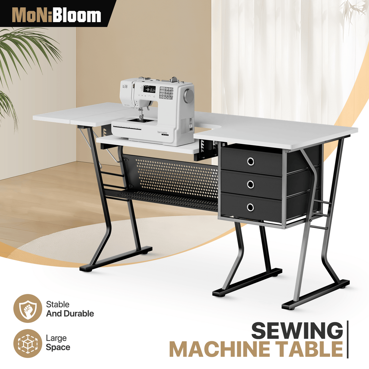 57" Sewing Craft Table, Lager Sewing Machine Table w/Adjustable Versatile Shelf & Enlarged Cutting Space, Sturdy Computer Desk with Storage Drawer