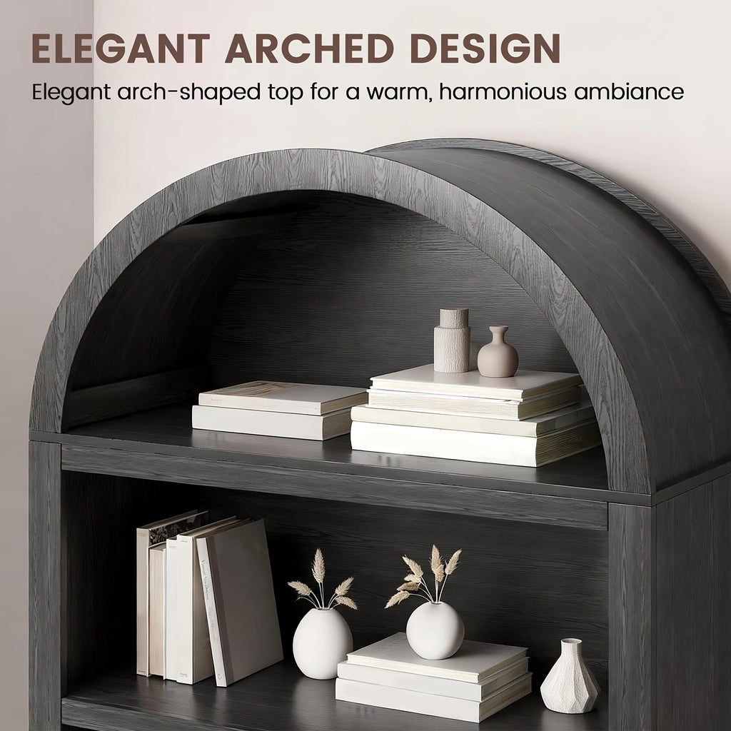 68.9" Arched Display Bookshelf Cabinet - 5-Tier Open Storage Shelf, Freestanding Tall Bookcase for Living Room, Dining Room Or Office (Multiple Finishes)