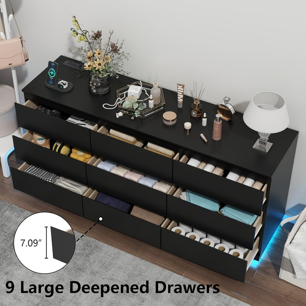 9 Drawer Dresser for Bedroom with Power Outlet & LED Lights, Modern Wide Chest of Drawer, Triple Drawer Dresser Organizer Cabinet for Living Room, Closet and Hallway