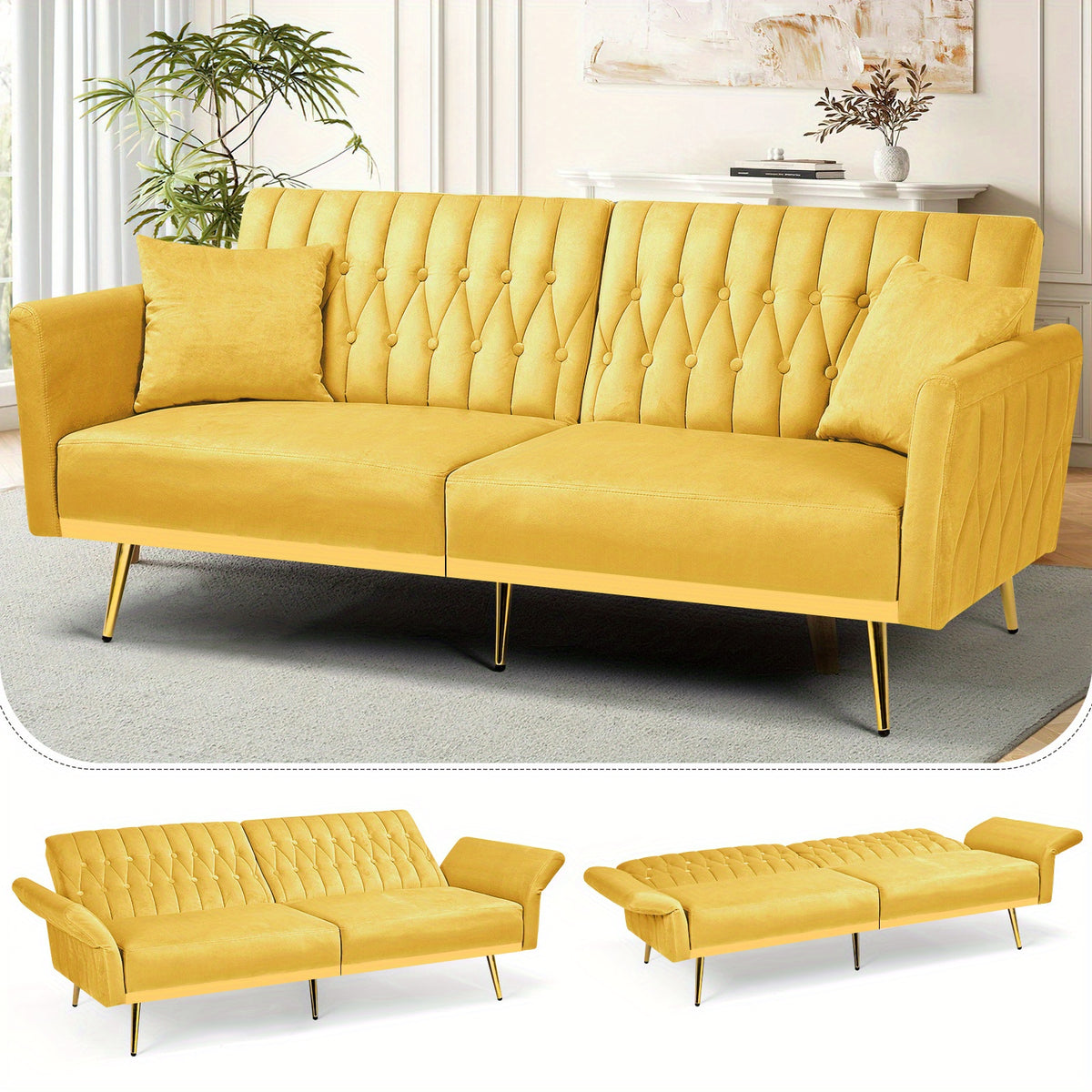 ACMEASE 70-Inch Velvet Convertible Sofa Bed with 2 Pillows, Adjustable Backrest And Armrest Tufted Sleeper Sofa with Golden Metal Legs for Living Room