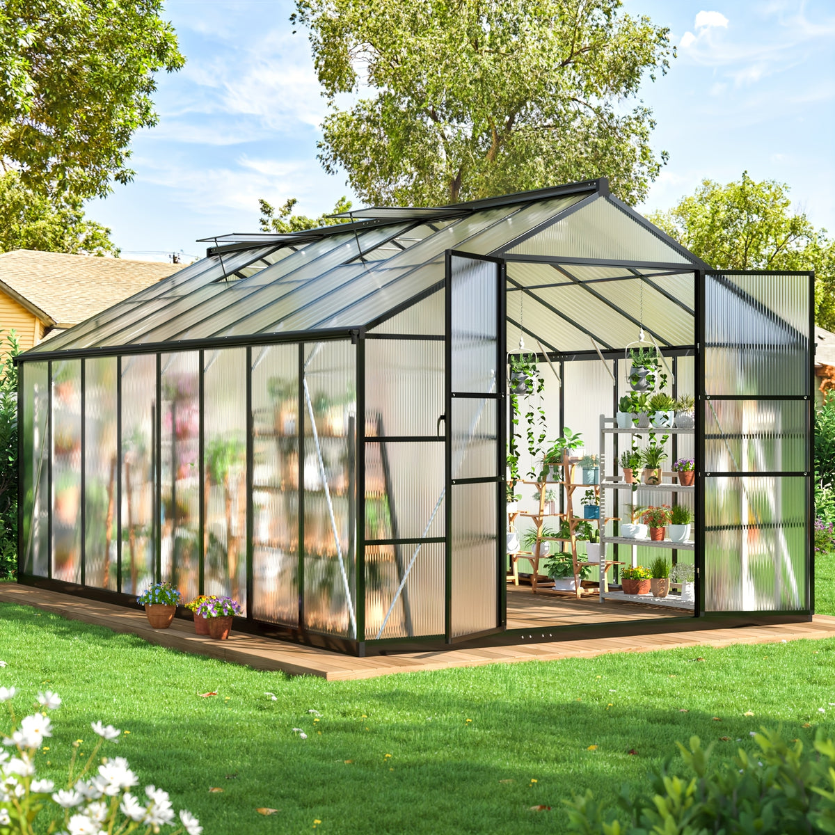 [Large Walk-in Greenhouse] VIWAT Greenhouse for Outdoors, Polycarbonate Greenhouse With Quick Setup Structure and Roof Vent, Aluminum Large Walk-in Greenhouse for Outside Garden Backyard, Garden Houses