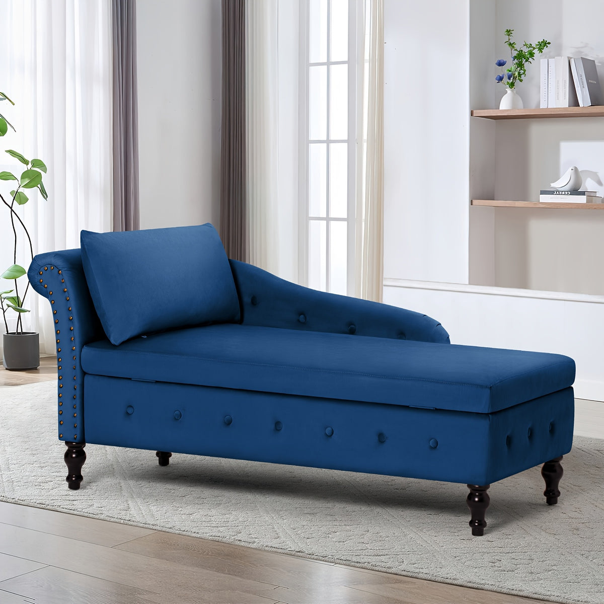 ACMEASE Classic Nailhead Trim Velvet Storage Chaise Lounge 57", Upholstered Chaise Sofa With Pillow & Turned Wood Legs For Living Room Decor