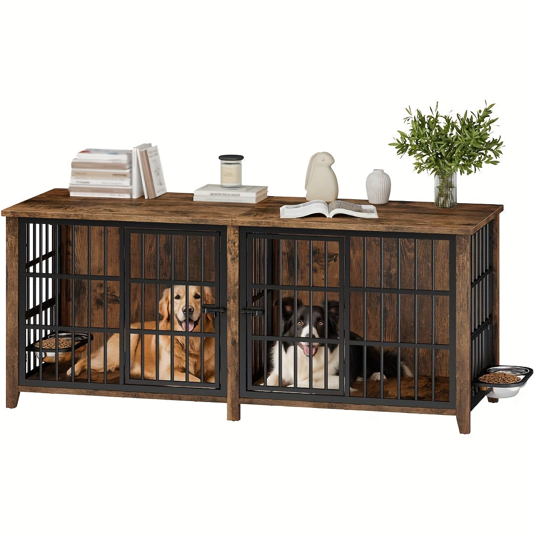 Furniture-Style Dog Crate with Height-Adjustable Rotating Bowls — Secure Indoor Enclosure in Gray or Brown