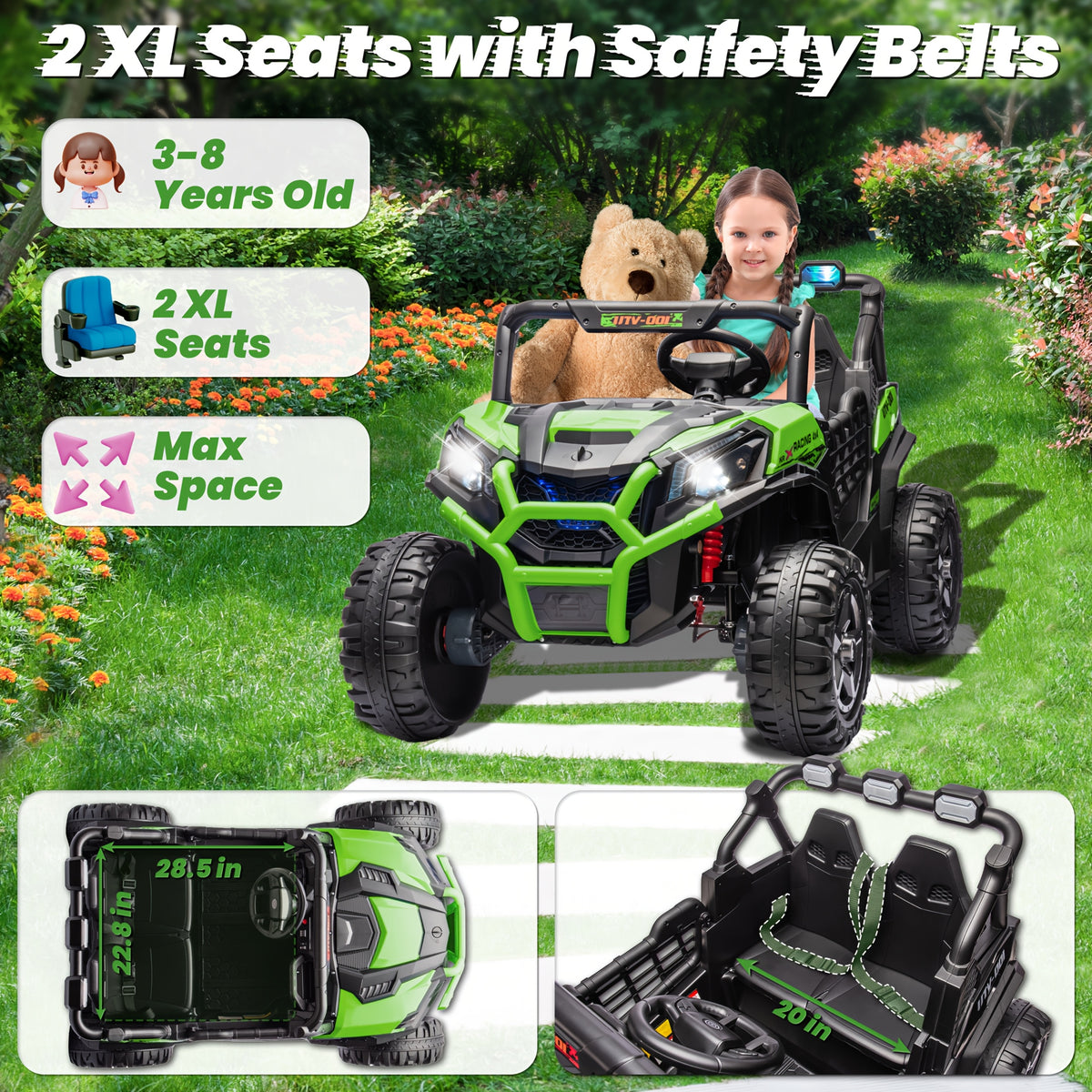 24V 2 Seater XL Ride On Toys for Kids, 4WD Electric Off-Road UTV Truck W/ Motors, Remote Control, 20" Large Seat, 5 Mph Max Speed, Electric Vehicle for KIds, Best Chrismas Gifts