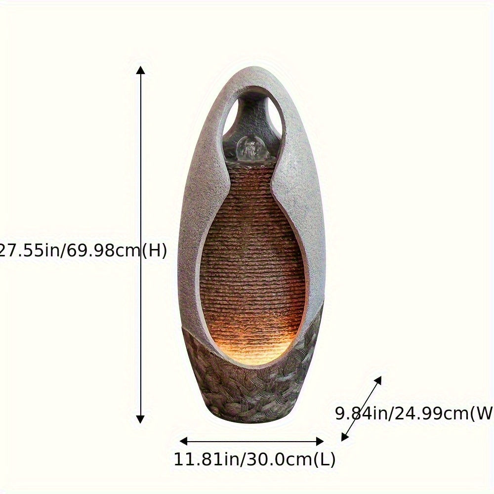 An Indoor Floor Fountain, Standing 27.55 Inches Tall. It's A Home Decor Item, A Large Cobblestone Floor Fountain Ornament, Complete with A Glass Ball And Lighting Features.