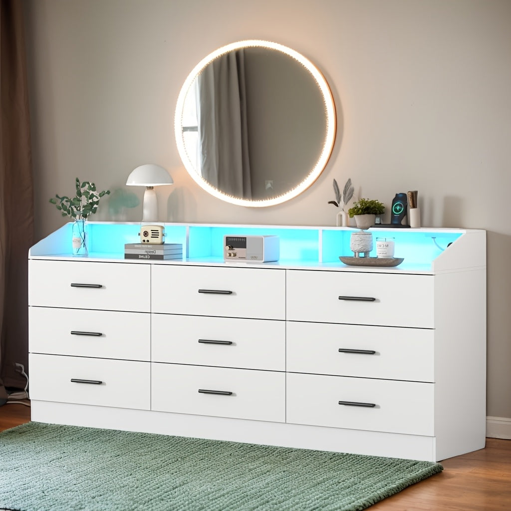 Dresser for Bedroom, Closet Organizers And Storage, Chest Of Drawers for Bedroom, 9 Drawer Double Dresser, Storage with Power Outlet & LED Lights, Storage And Organization for Closet, Furniture for Home, Living Room Furniture, Storage Drawer Units