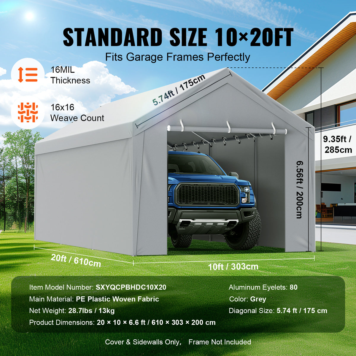 VEVOR Carport Replacement Canopy Cover Top + Side Wall 10 x 20 ft, Garage Tent Shelter Tarp Heavy-Duty Waterproof & UV Protected, Easy Installation with Ball Bungees,White (Frame Not Included)