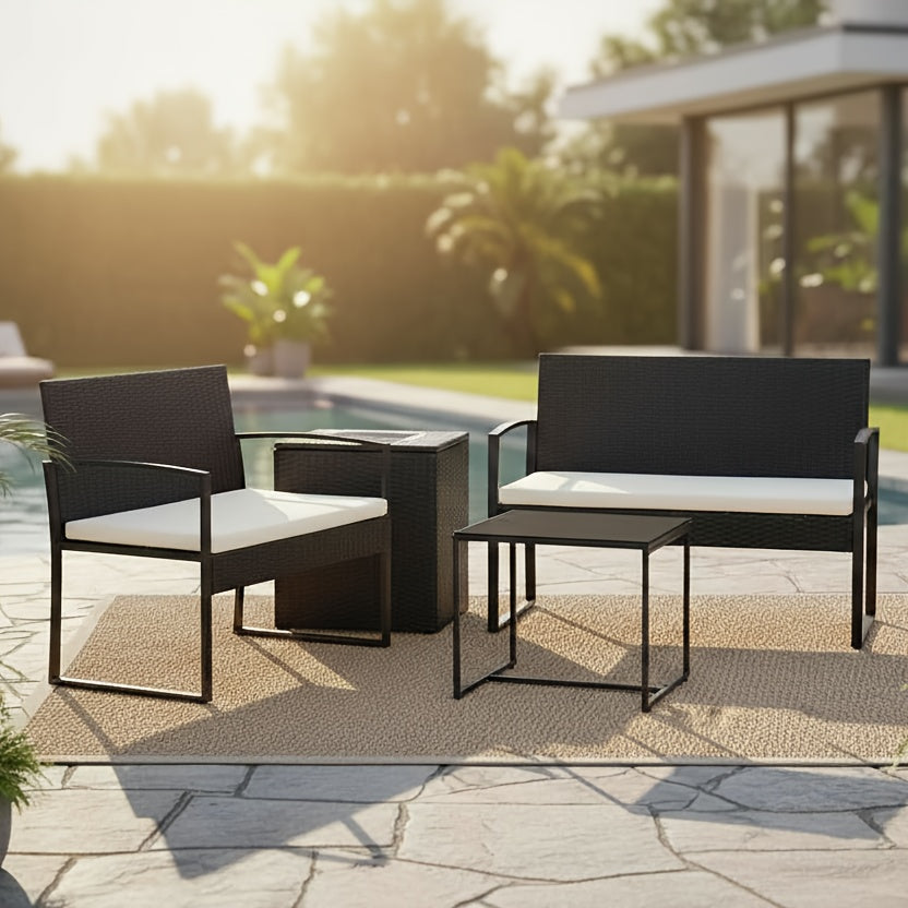 Outdoor Sectional Sofa Set with Tempered Glass Table — 4-Piece PE Wicker Patio Conversation Set