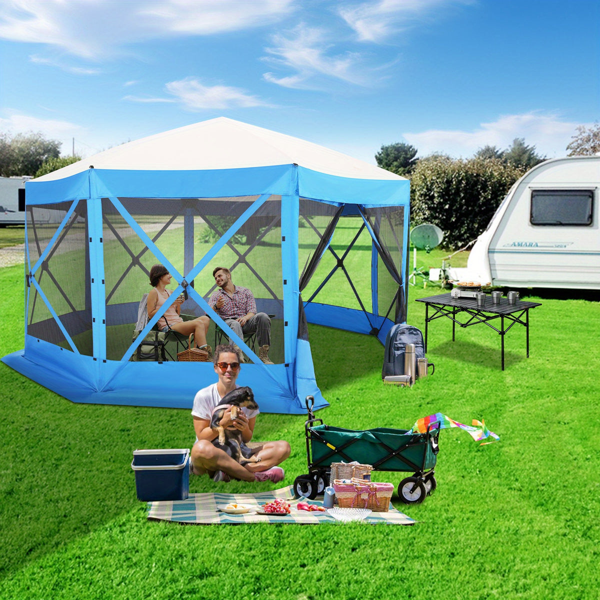 12X12Ft Pop-Up Canopy, Without Cloths, with Octagonal Mesh, One Person Can Quickly Build with a Handbag And Ground Pile, Suitable for Camping, Outdoor Activities