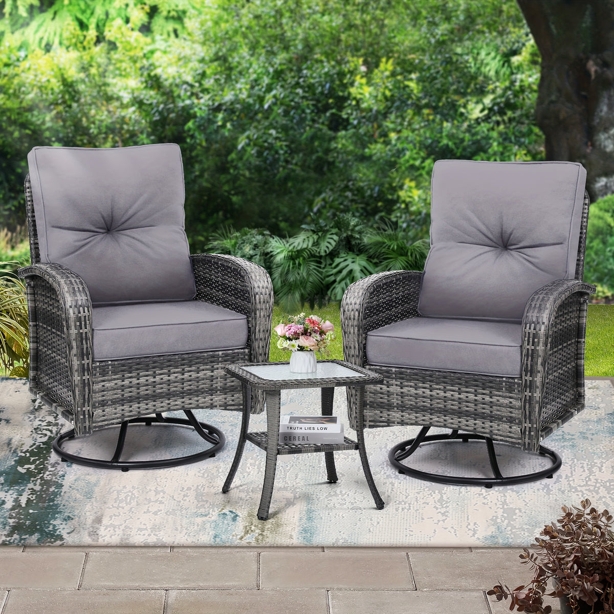 3pcs Patio Furniture Set, Outdoor Swivel Rocking Chairs with Glass Top Table and Thick Cushions for Porch, Deck, Balcony, Poolside, Patio Table And Chairs Set, Outdoor Dining Table And Chairs, Patio Chairs, Outdoor Furniture, Patio Set, Porch Seating, Dec