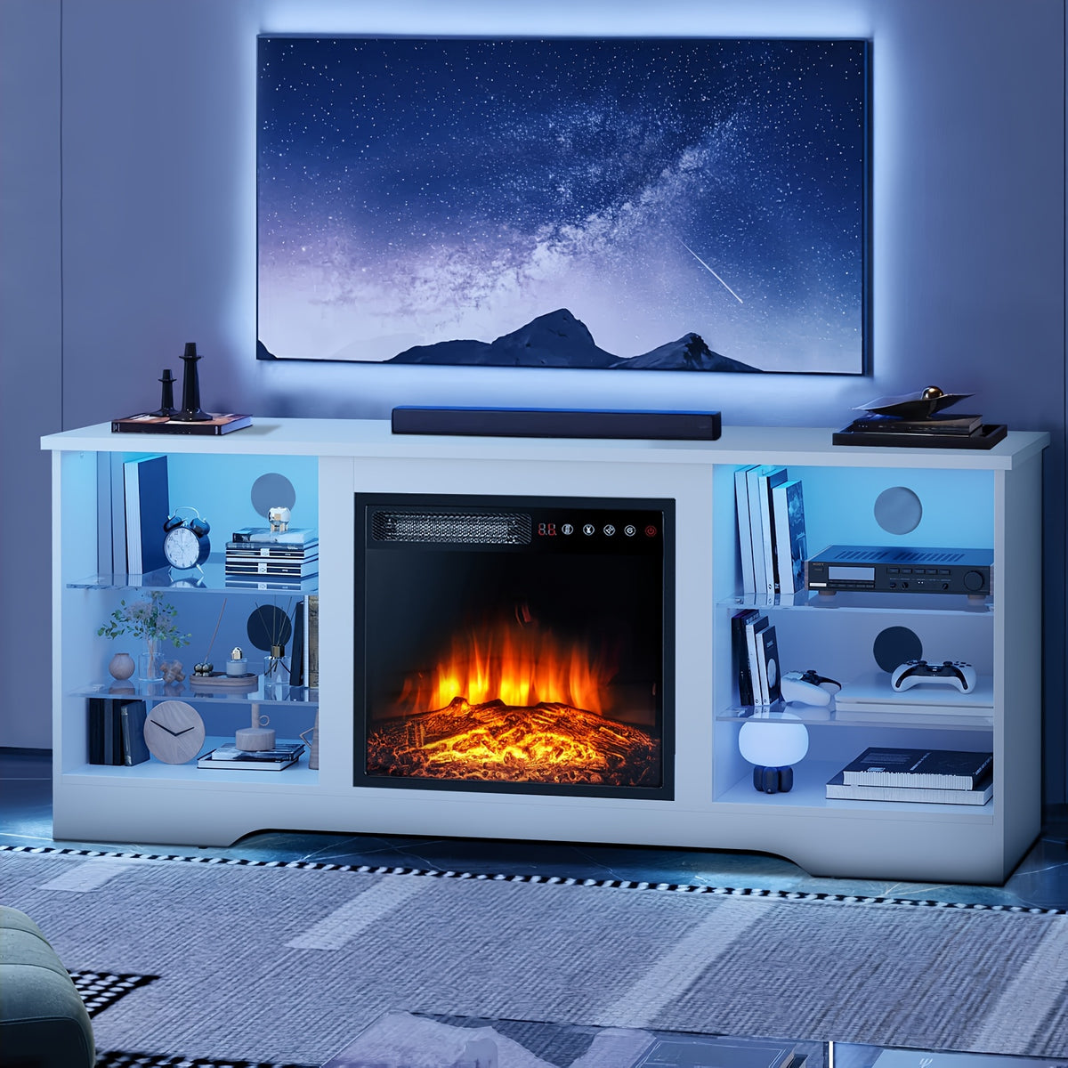 Fireplace TV Stand for TVs Up to 65 Inches Console with 18'' Electric Fireplace & Remote, Adjustable Glass Shelves & Storage Cabinets, Electric Fireplace with Heater, Hardwood/Engineered Wood Construction, Modern Entertainment Center for Living Room