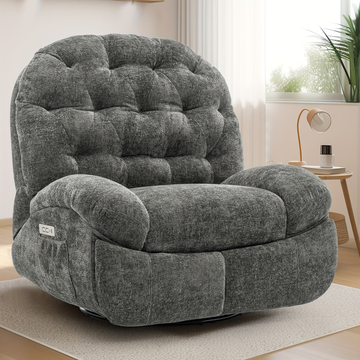 Living Room Swivel Recliner, Adult Electric Recliner with USB Ports and Side Pocket Storage, Comfortable Soft-shell Rocking Chair, Chenille Material Large-seat-width Recliner for the Living Room, Generously Wide Seating, a Fine Gift